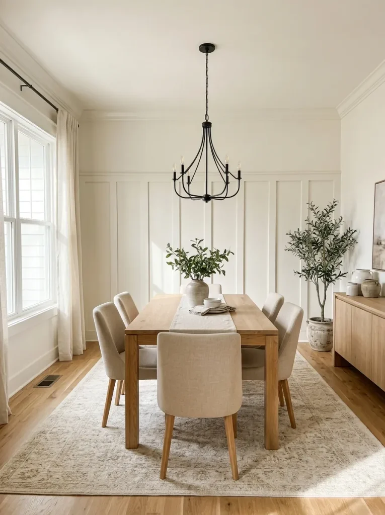 White board and batten dining room accent wall with oak furniture.