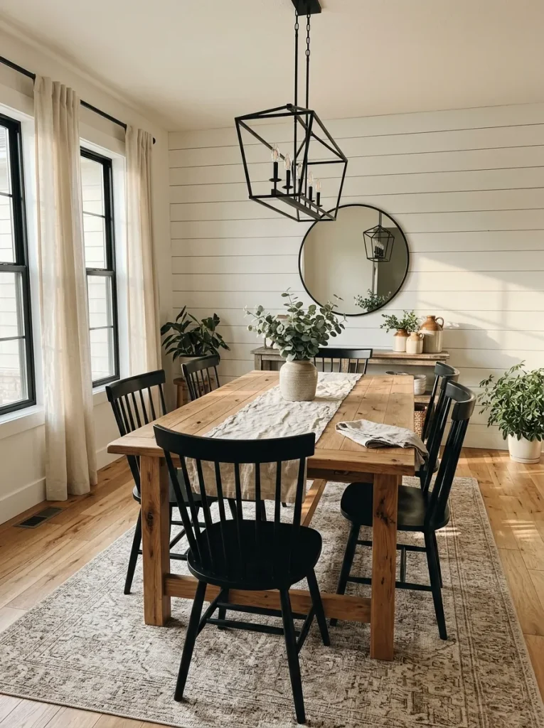 White horizontal shiplap dining room accent wall with rustic oak table