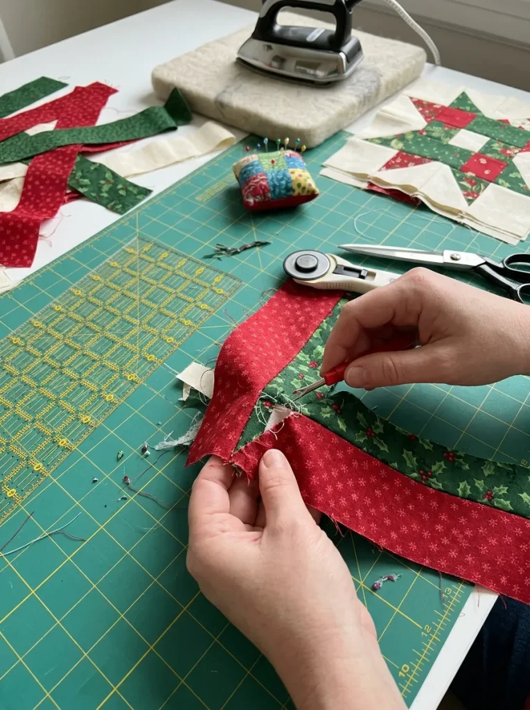 Christmas jelly roll quilt patterns with fabric strips and tools for correcting sewing mistakes.